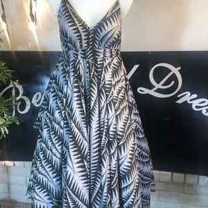 Black White Leaf Print Maxi Dress Womens V Neck Resort Beach Boho Dress Plus 1X